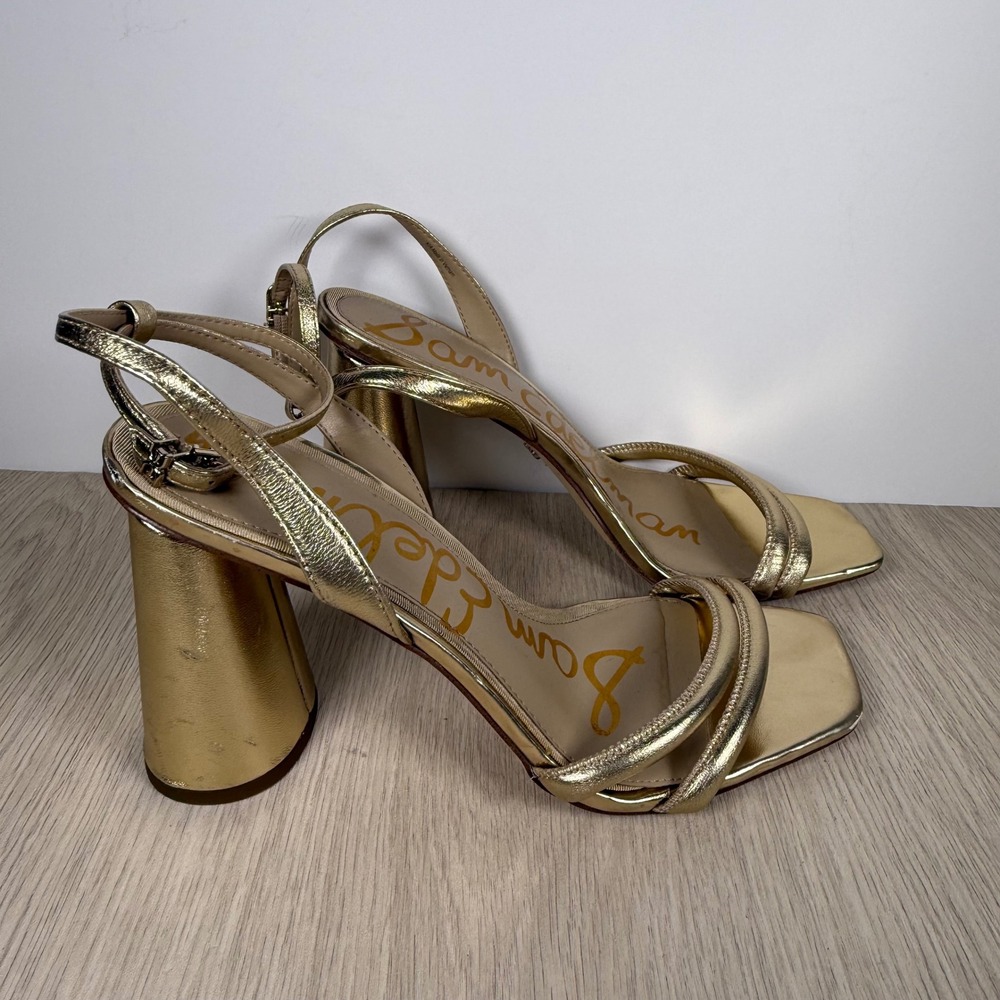 Sandals Sam Edelman Women 8.5 Gold Block Heel Strappy Square Toe Kia Metallic